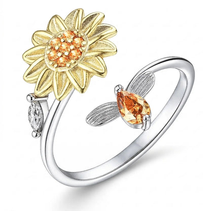 Anxiety Ring (Draairing Zonnebloem en Bij) Zilver plated koper