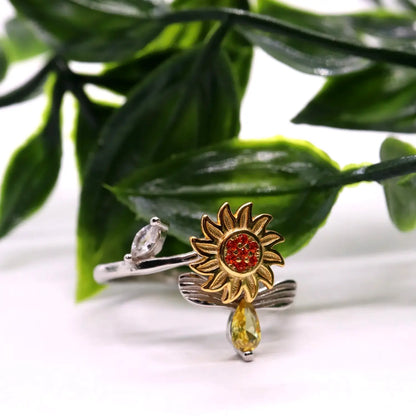 Anxiety Ring (Draairing Zonnebloem en Bij) Zilver plated koper sfeerbeeld