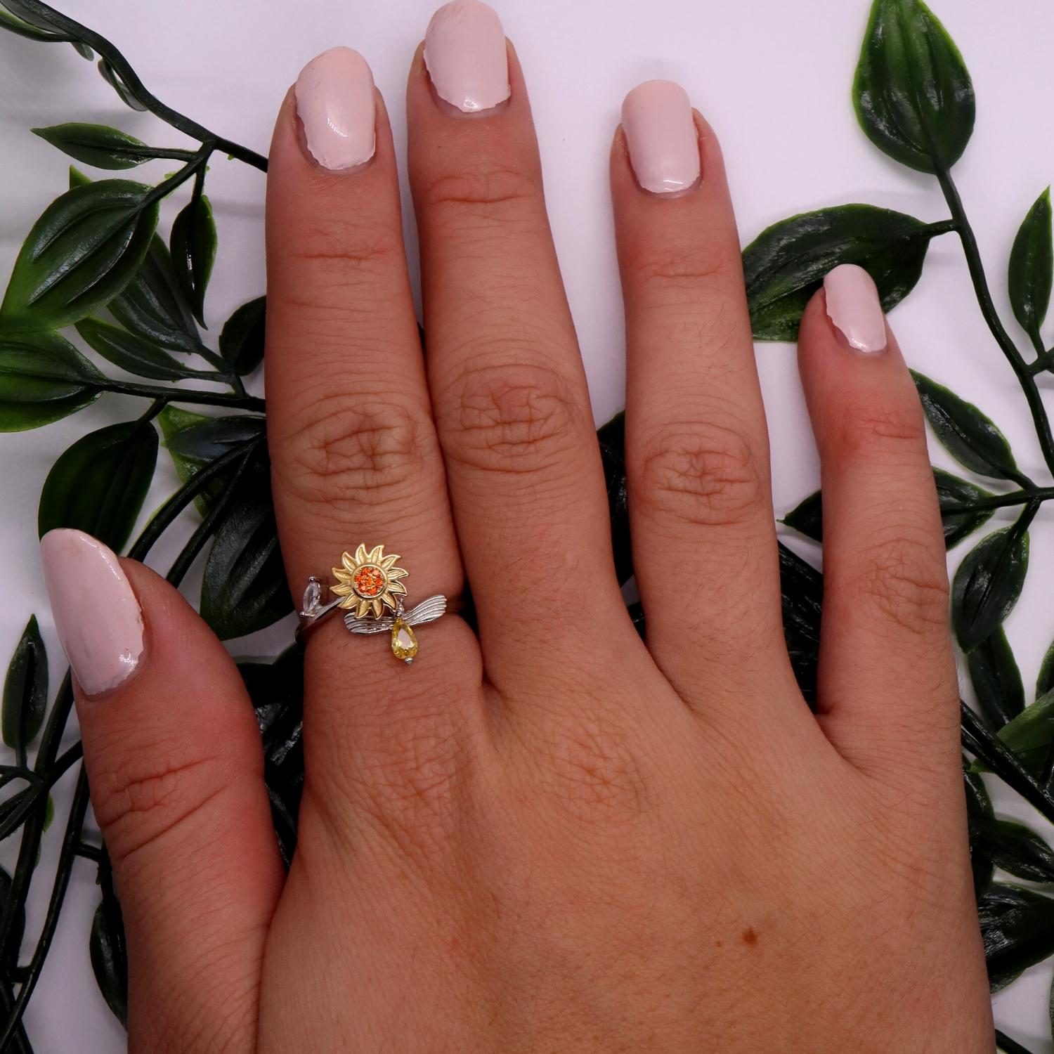 Anxiety Ring (Draairing Zonnebloem en Bij) Zilver 925 om vinger