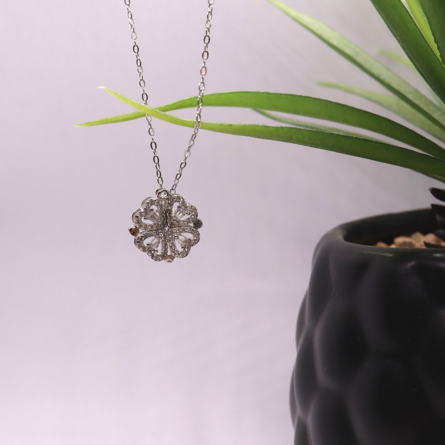 Klavertje vier ketting / hartjes ketting zilver 925 Sfeerbeeld